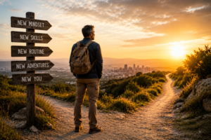 Middle-aged man standing at a crossroads trail at sunrise with signs pointing toward new mindset, new skills, new routine, new adventures, and a new future, symbolizing personal growth and reinventing yourself after 40