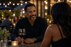 Confident man over 40 enjoying a relaxed dinner date at an outdoor restaurant, smiling warmly during conversation, symbolizing dating after divorce, emotional growth, and starting over with confidence