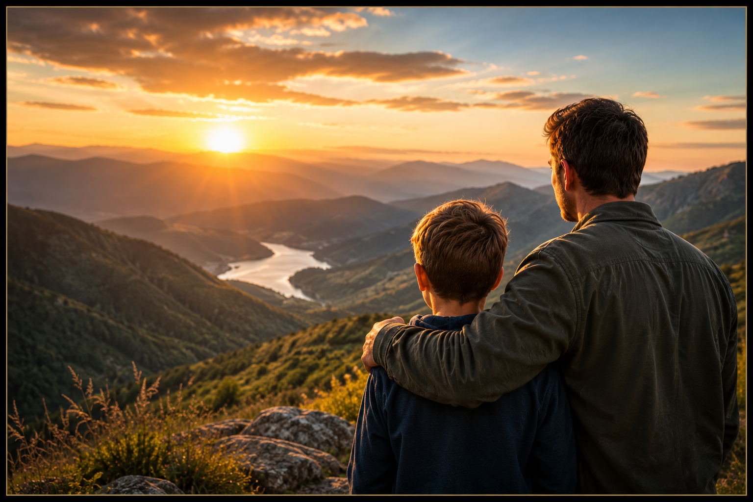 A younger father stands with his arm around a boy as they overlook a breathtaking mountain valley at sunset. Golden sunlight streams across rolling hills and a winding river below, creating a warm, inspiring atmosphere. Rich natural colors, realistic lighting, and a subtle border frame the scene, symbolizing mentorship, legacy, guidance, and the bond between generations.