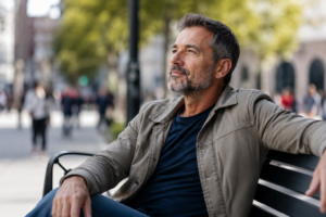 Confident middle-aged man over 40 sitting calmly on a city park bench while blurred people move in the background, symbolizing self-confidence, independence, and no longer worrying about others’ opinions.