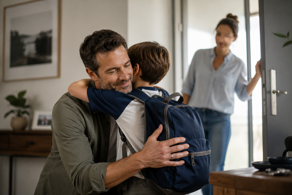 Father spending quality time with his children in a warm and welcoming home environment, helping with homework and engaging in meaningful conversation. The image reflects positive co-parenting after divorce, highlighting a dad's active involvement, emotional connection, and commitment to creating a stable, supportive relationship with his children. Natural lighting and authentic family interaction convey trust, consistency, and healthy parenting during a new chapter of family life