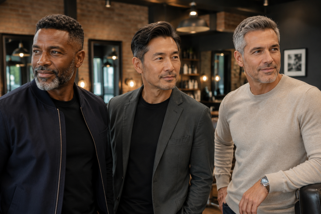 Three confident middle-aged men of diverse backgrounds stand together in a modern upscale barbershop or men's grooming lounge. The men are dressed in stylish casual clothing, including a blazer, bomber jacket, and light sweater, and are looking off-camera with relaxed, self-assured expressions. Warm lighting, exposed brick walls, and contemporary décor create a sophisticated and welcoming atmosphere focused on style, confidence, and aging well.