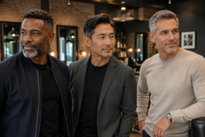 Three confident middle-aged men of diverse backgrounds stand together in a modern upscale barbershop or men's grooming lounge. The men are dressed in stylish casual clothing, including a blazer, bomber jacket, and light sweater, and are looking off-camera with relaxed, self-assured expressions. Warm lighting, exposed brick walls, and contemporary décor create a sophisticated and welcoming atmosphere focused on style, confidence, and aging well.