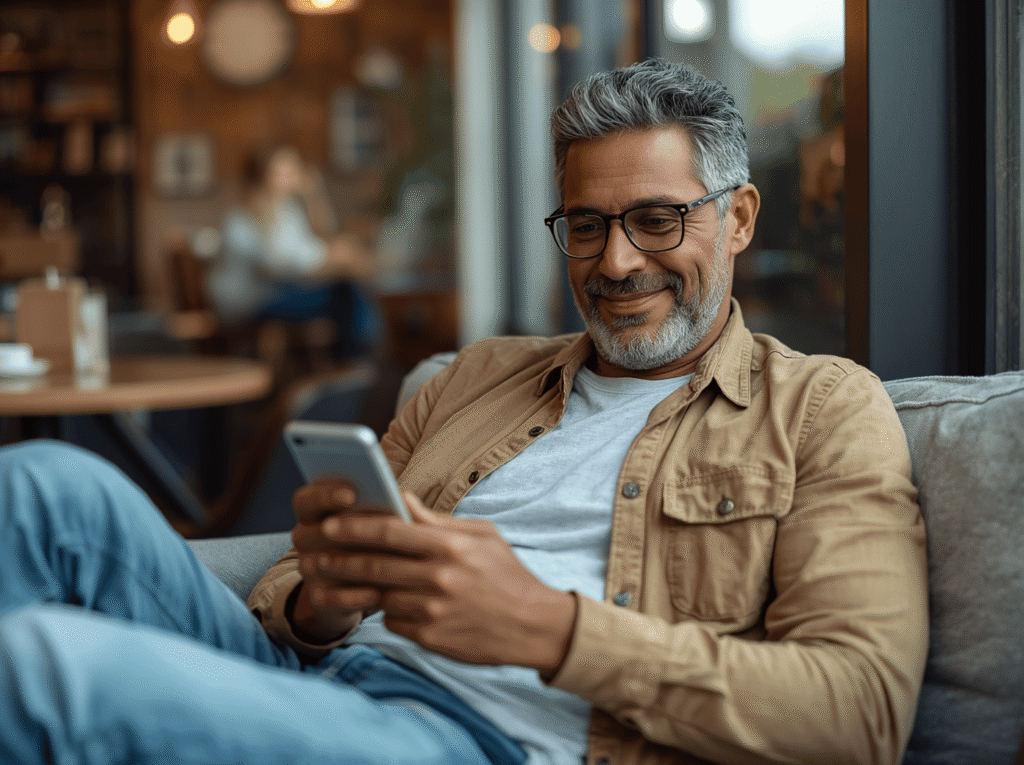 Confident man in his 40s with glasses and beard sitting on a couch looking at his phone with a thoughtful expression, wearing casual jacket and white t-shirt