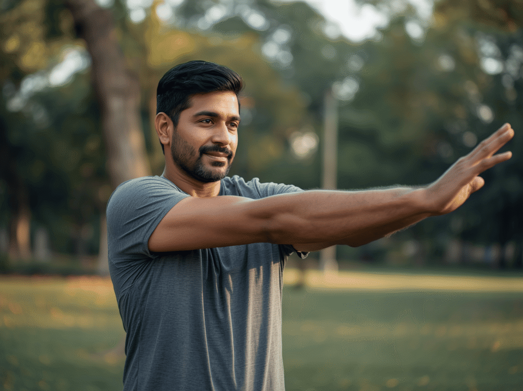 man in his 40s doing arm stretches outdoors in a park, wearing gray athletic shirt, warm natural lighting with trees in background
