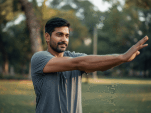 man in his 40s doing arm stretches outdoors in a park, wearing gray athletic shirt, warm natural lighting with trees in background