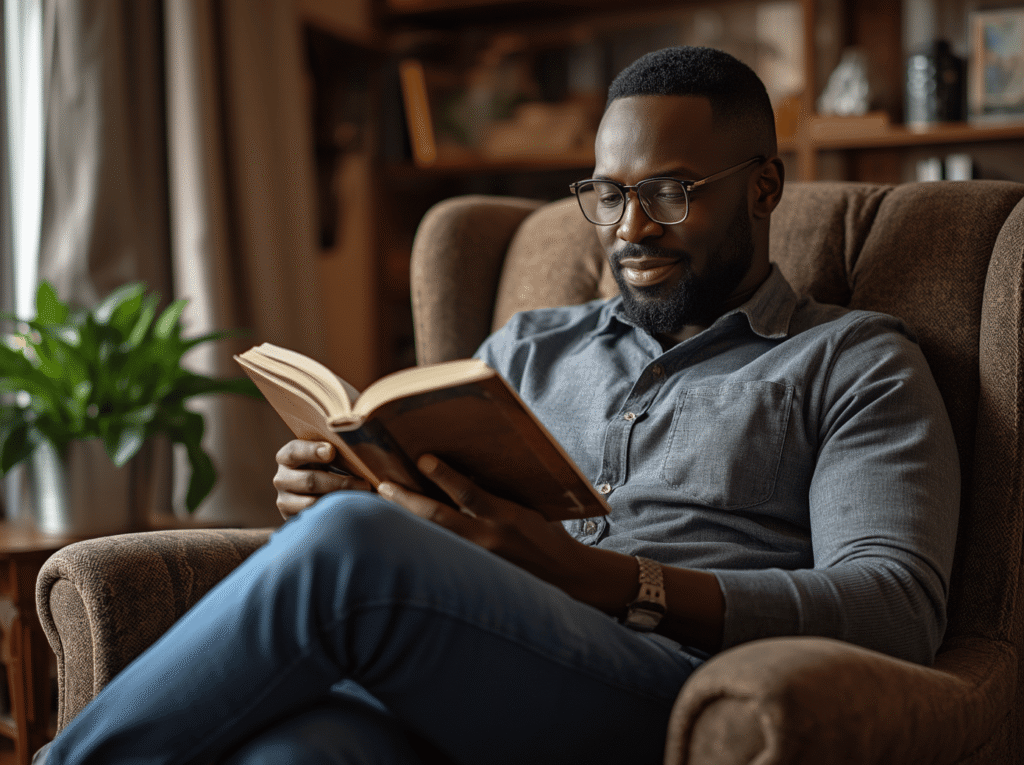 Black man in his 40s with glasses reading a book while relaxing in a leather armchair, home library with bookshelves and plants in background, wearing casual gray shirt"