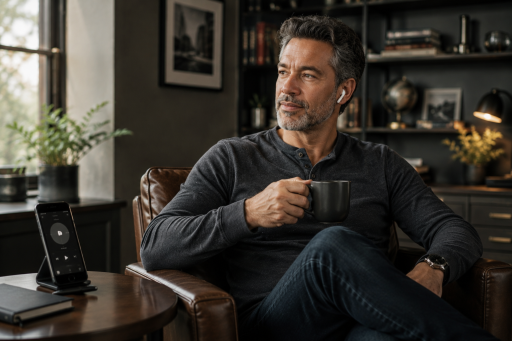 A middle-aged man sits comfortably in a leather armchair, listening to a podcast through wireless earbuds while holding a coffee mug. A smartphone displaying a podcast app rests on a nearby table beside a notebook. Warm natural light, bookshelves, and modern masculine décor create a relaxed and sophisticated atmosphere focused on personal growth, learning, and lifestyle enrichment for men over 40.