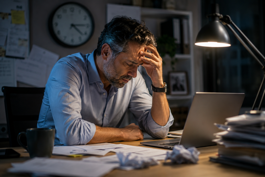 Exhausted professional man in his 40s sits alone at a desk late at night, holding his head while working on a laptop surrounded by paperwork. A desk lamp casts warm light across the workspace, highlighting the stress, fatigue, and emotional strain associated with career burnout. The image conveys the challenges many midlife professionals face when balancing workload, responsibility, and well-being.