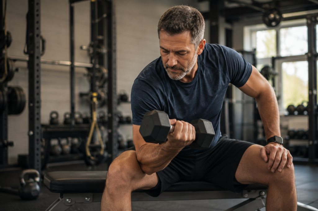 A fit man in his 40s performs a dumbbell curl on a gym bench during a focused workout. Surrounded by free weights and strength-training equipment, he demonstrates steady effort and disciplined training, reflecting the value of consistency over intensity for long-term fitness success after 40.