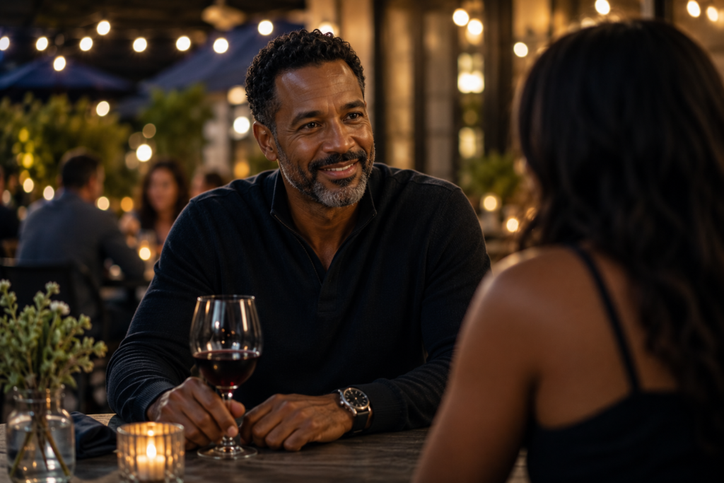 Confident man over 40 enjoying a relaxed dinner date at an outdoor restaurant, smiling warmly during conversation, symbolizing dating after divorce, emotional growth, and starting over with confidence