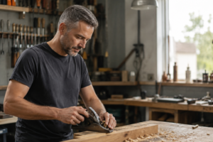 Middle-aged man with salt-and-pepper hair working on a woodworking project in a bright workshop. He carefully planes a piece of wood at a sturdy workbench surrounded by tools, showcasing a rewarding hands-on hobby for men over 40.