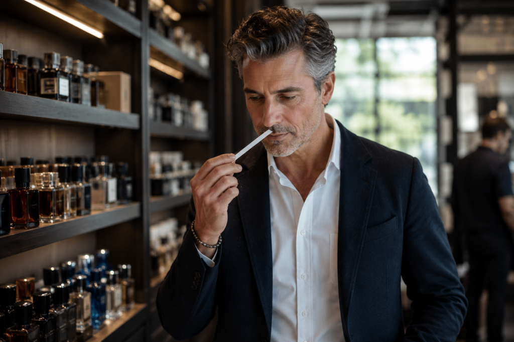 Photorealistic image of a sophisticated middle-aged man sampling a fragrance in a luxury perfume boutique. Standing among shelves of premium cologne bottles, he carefully evaluates a scent strip while searching for a signature fragrance that reflects his confidence, style, and maturity after 40