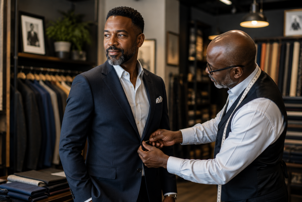 A well-dressed Black man in his 40s stands confidently in a custom tailor shop while a tailor carefully adjusts the fit of his navy suit jacket. Surrounded by premium fabrics and tailored garments, the scene highlights the importance of proper fit, craftsmanship, and timeless style over expensive designer labels.