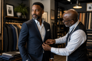 A well-dressed Black man in his 40s stands confidently in a custom tailor shop while a tailor carefully adjusts the fit of his navy suit jacket. Surrounded by premium fabrics and tailored garments, the scene highlights the importance of proper fit, craftsmanship, and timeless style over expensive designer labels.