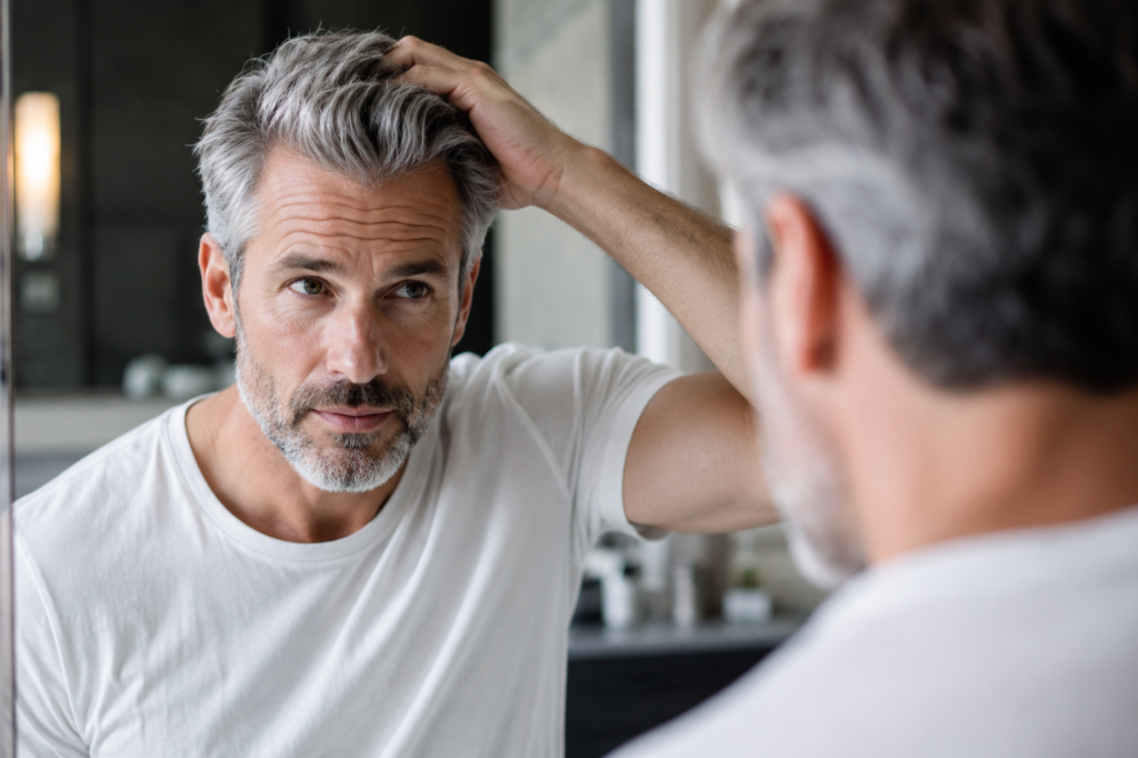 Photorealistic image of a confident middle-aged man with salt-and-pepper hair and a neatly trimmed beard examining his gray hair in a bathroom mirror. Natural light illuminates his face as he considers his appearance, representing the decision many men face after 40 about embracing or managing gray hair