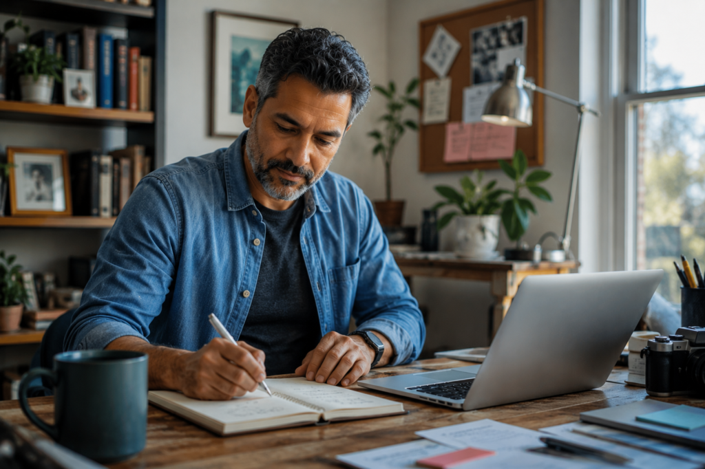 A middle-aged man of diverse ethnic background sits at a desk in a bright home office, writing in a notebook beside an open laptop. Surrounded by books, plants, and personal items, he appears focused and determined, symbolizing the pursuit of new goals, lifelong learning, and fresh opportunities in midlife.