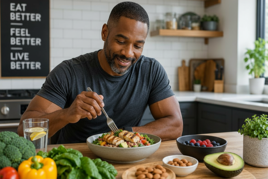 Man in his 40s with beard sitting at kitchen table eating a healthy meal with fork, surrounded by fresh vegetables including broccoli, bell peppers, avocado, and berries, in a modern kitchen with natural lighting