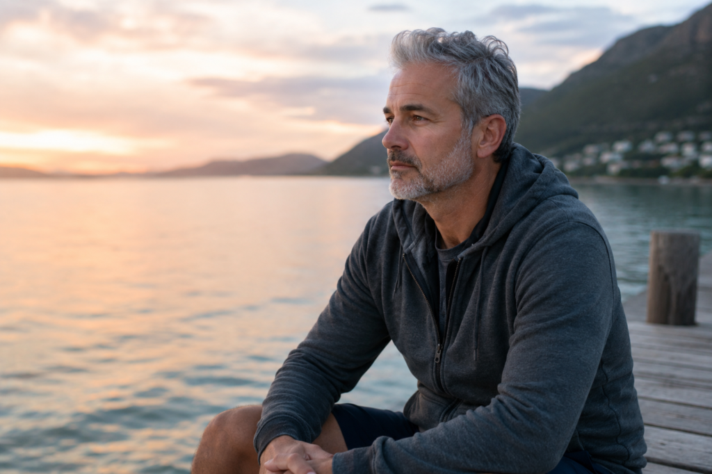 A photorealistic middle-aged man with gray hair and a short beard sits quietly on a wooden dock overlooking a calm lake at sunset. Wearing a dark hoodie and shorts, he gazes thoughtfully toward the horizon as soft golden light reflects across the water, conveying relaxation, mindfulness, and stress management after 40.