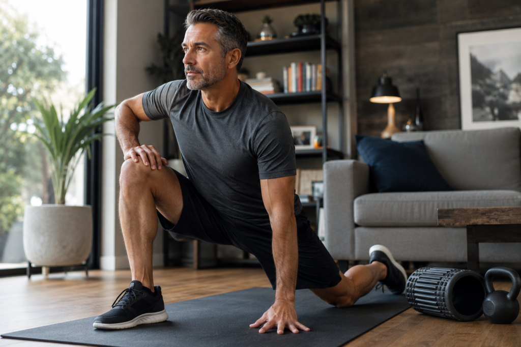 A fit middle-aged man with salt-and-pepper hair performs a deep hip mobility stretch on an exercise mat in a bright, modern home. Wearing athletic clothing, he maintains a focused expression as he stretches in a clean living space with natural light, a foam roller, and fitness equipment nearby. The image conveys strength, flexibility, healthy aging, and injury prevention for men over 40.