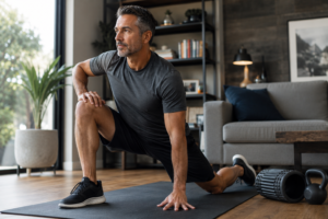 A fit middle-aged man with salt-and-pepper hair performs a deep hip mobility stretch on an exercise mat in a bright, modern home. Wearing athletic clothing, he maintains a focused expression as he stretches in a clean living space with natural light, a foam roller, and fitness equipment nearby. The image conveys strength, flexibility, healthy aging, and injury prevention for men over 40.