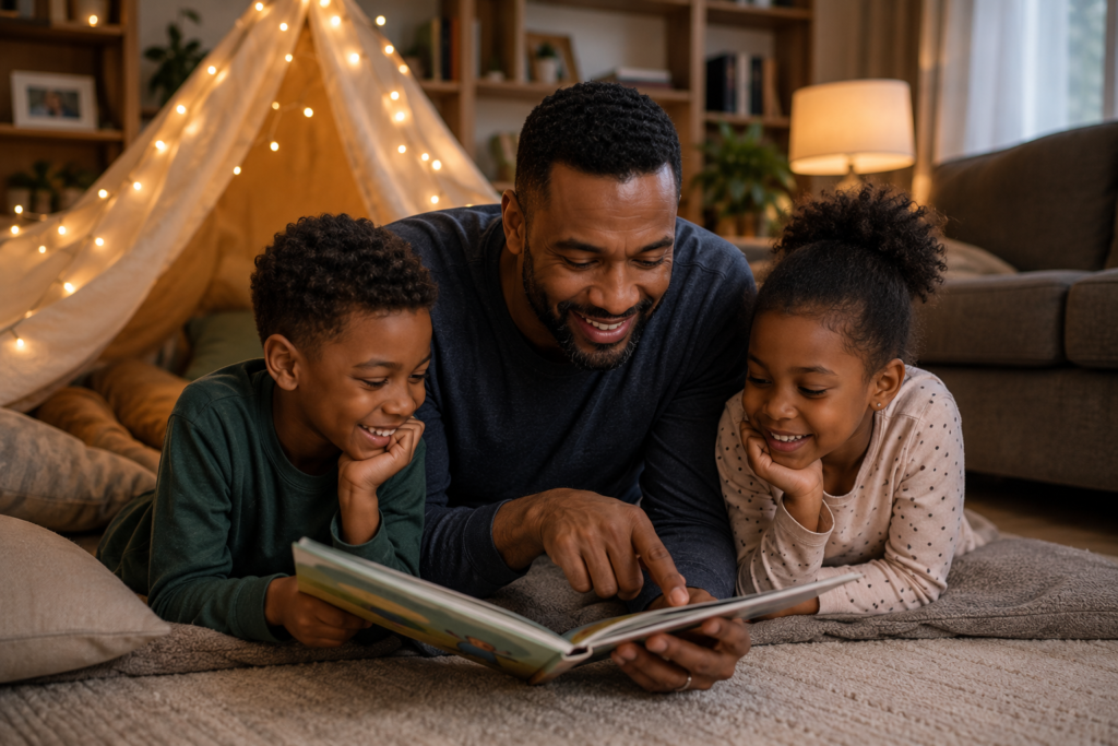 A father in his 40s lies on the floor with his two children in a cozy living room, smiling as they read a picture book together. Warm lighting, a blanket fort, and a relaxed family atmosphere emphasize the value of quality time, connection, and shared memories over material gifts.