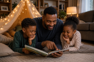 A father in his 40s lies on the floor with his two children in a cozy living room, smiling as they read a picture book together. Warm lighting, a blanket fort, and a relaxed family atmosphere emphasize the value of quality time, connection, and shared memories over material gifts.