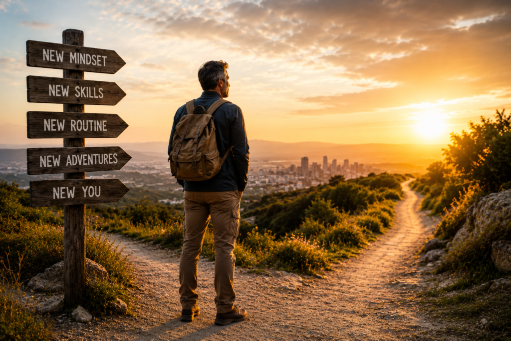 Middle-aged man standing at a crossroads trail at sunrise with signs pointing toward new mindset, new skills, new routine, new adventures, and a new future, symbolizing personal growth and reinventing yourself after 40
