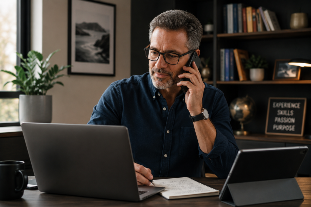 A confident middle-aged man works from a modern home office, speaking on a smartphone while taking notes beside an open laptop. A tablet, coffee mug, and notebook sit on the desk, while bookshelves, framed artwork, and indoor plants create a professional yet comfortable workspace. Soft natural light illuminates the scene, representing entrepreneurship, consulting, freelancing, and side-hustle opportunities built on years of experience and expertise.