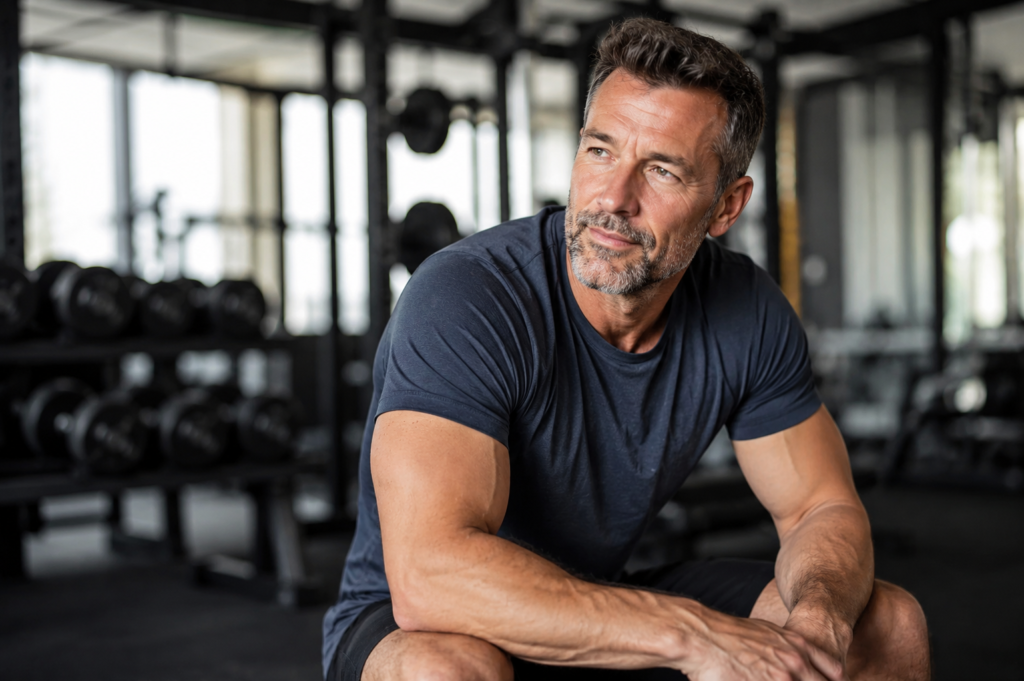 Fit middle-aged man over 40 resting in a modern gym after a workout, wearing athletic clothing with a confident, healthy appearance and natural lighting in a realistic fitness setting.
