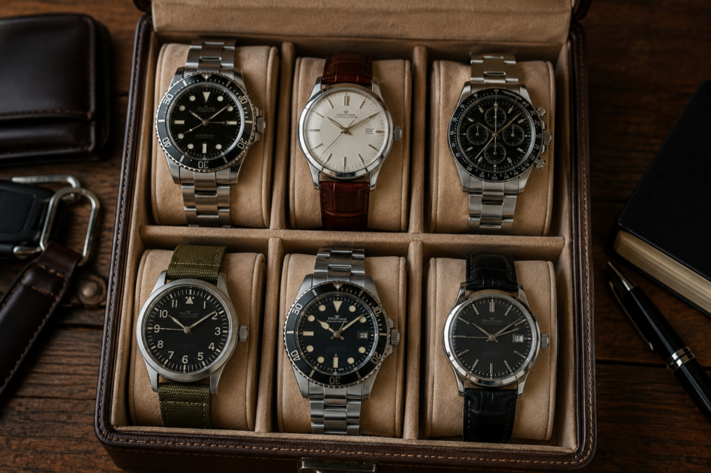 A luxury watch collection displayed in a premium leather watch case on a dark wooden desk. Six classic men's watches—including dive, dress, chronograph, and field styles—are neatly arranged in individual compartments. Surrounding accessories such as a leather wallet, key fob, notebook, and pen create a sophisticated, masculine setting that conveys timeless style, craftsmanship, and refined taste