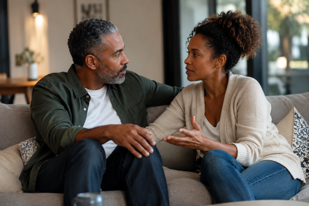 A middle-aged Black couple sits together on a living room sofa, engaged in a thoughtful and respectful conversation. The woman speaks while gesturing naturally, and the man listens attentively, maintaining eye contact. Soft natural light fills the modern home, creating a warm and authentic atmosphere that reflects healthy communication, emotional connection, and relationship growth in midlife