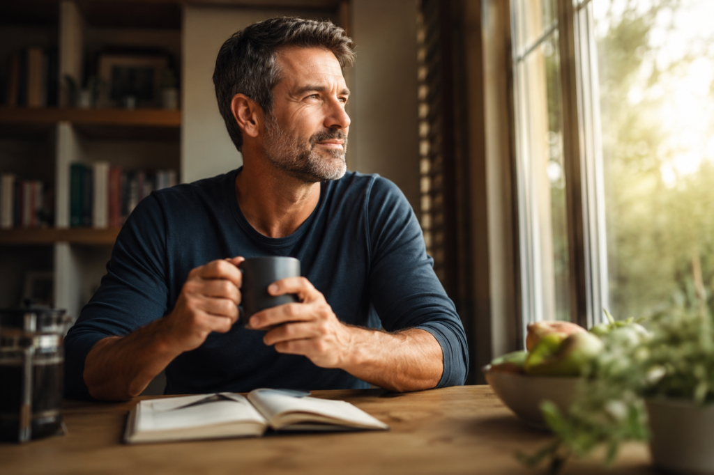 A confident middle-aged man sits at a wooden table in a sunlit home, holding a coffee mug while looking thoughtfully out a window. An open journal, fresh fruit, and a French press coffee maker sit nearby, creating a calm and productive morning atmosphere that reflects a healthy daily routine for men over 40.