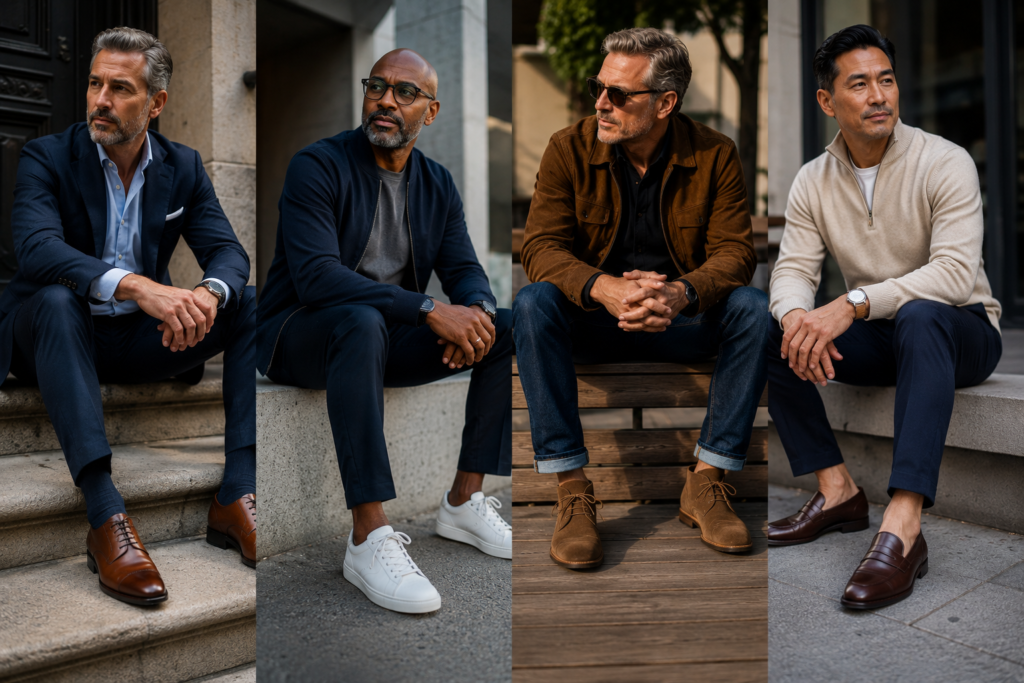 Stylish and confident men over 40 stand in a modern urban setting wearing a variety of timeless footwear, including premium leather dress shoes, versatile white sneakers, suede chukka boots, and classic loafers. The image highlights sophisticated men's fashion, mature style, and essential shoe choices for the modern gentleman. Natural lighting and realistic details create an aspirational lifestyle scene that reflects confidence, refinement, and effortless style after 40.