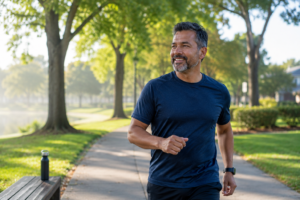 An image of a healthy middle-aged man walking briskly along a tree-lined park path on a sunny morning. Dressed in modern athletic clothing and wearing a smartwatch, he appears relaxed and confident as he exercises outdoors. Lush greenery, soft natural light, and a water bottle on a nearby bench create a positive wellness-focused scene that represents healthy lifestyle habits and natural blood pressure management after 40.