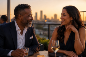 A photorealistic image of a mature Black man and a Latina woman enjoying a first date at an upscale rooftop restaurant during sunset. The well-dressed couple smiles warmly and maintains eye contact while seated across from each other at a table with drinks, with a softly blurred city skyline in the background. The scene conveys confidence, connection, and modern dating after 40 in a sophisticated urban setting.