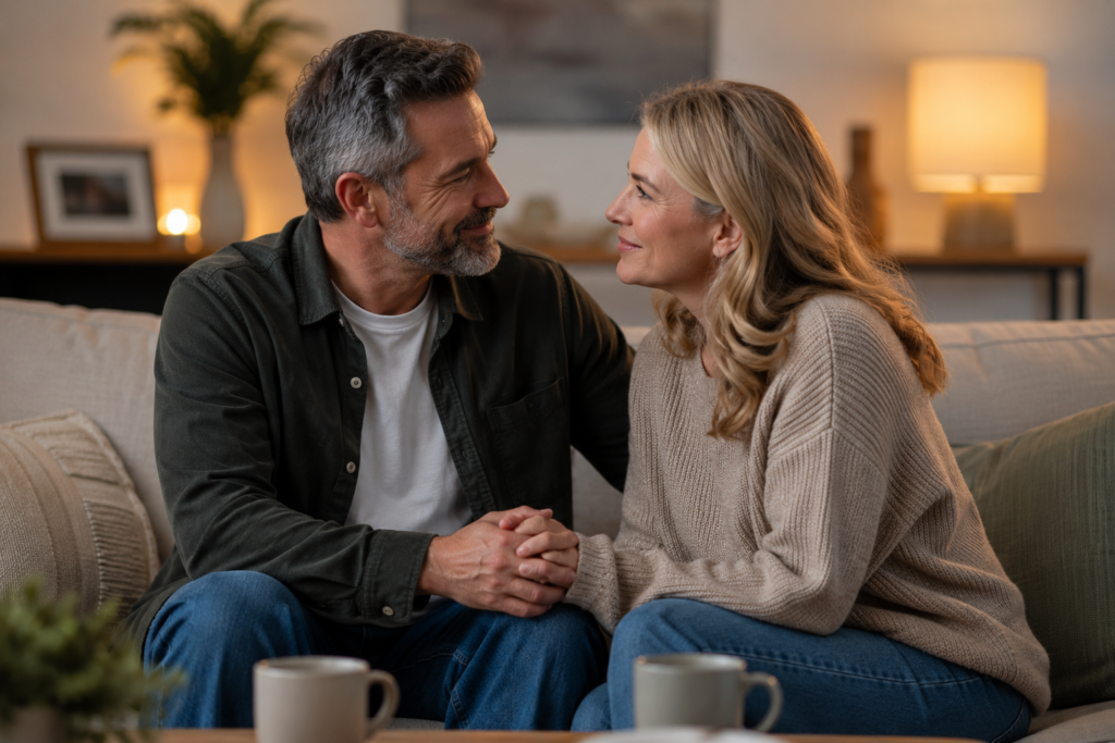 Middle-aged married couple sitting closely together on a couch at home, holding hands and reconnecting through calm conversation, symbolizing healing, trust, and rebuilding a marriage after 40.