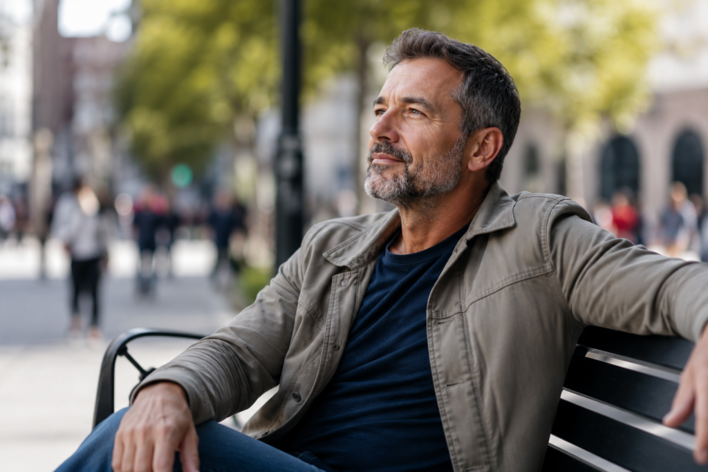 Confident middle-aged man over 40 sitting calmly on a city park bench while blurred people move in the background, symbolizing self-confidence, independence, and no longer worrying about others’ opinions.