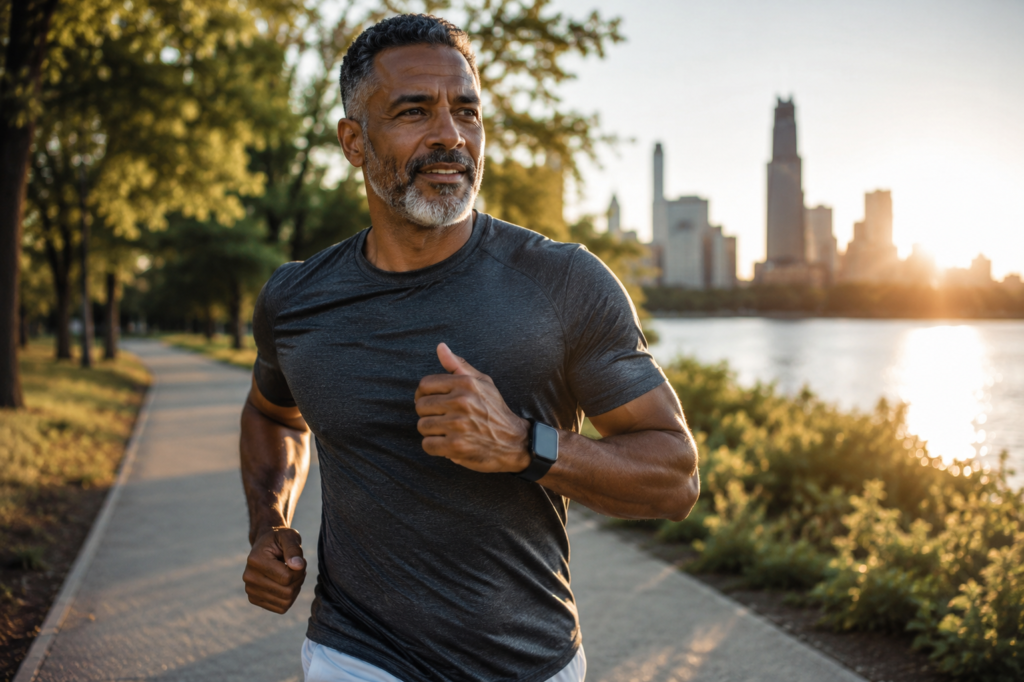 Photorealistic image of a fit middle-aged man jogging along a scenic waterfront trail at sunrise. With a confident expression and athletic stride, he represents the energy, vitality, and healthy lifestyle habits that help men overcome fatigue and stay active after age 40.