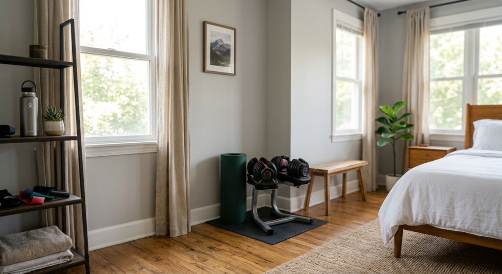 Small home gym setup in a bedroom corner with adjustable dumbbells and an exercise mat"