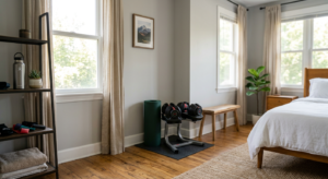 Small home gym setup in a bedroom corner with adjustable dumbbells and an exercise mat"