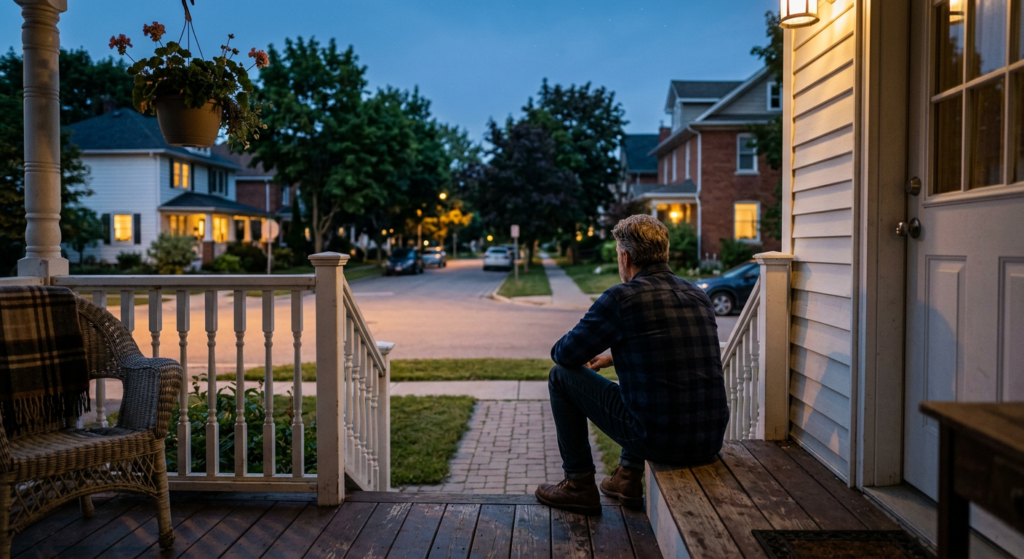 Photorealistic image of a man from behind sitting on a porch steps at dusk on a Sunday evening, quiet suburban street, warm golden-hour light fading to blue, contemplative mood, no visible face