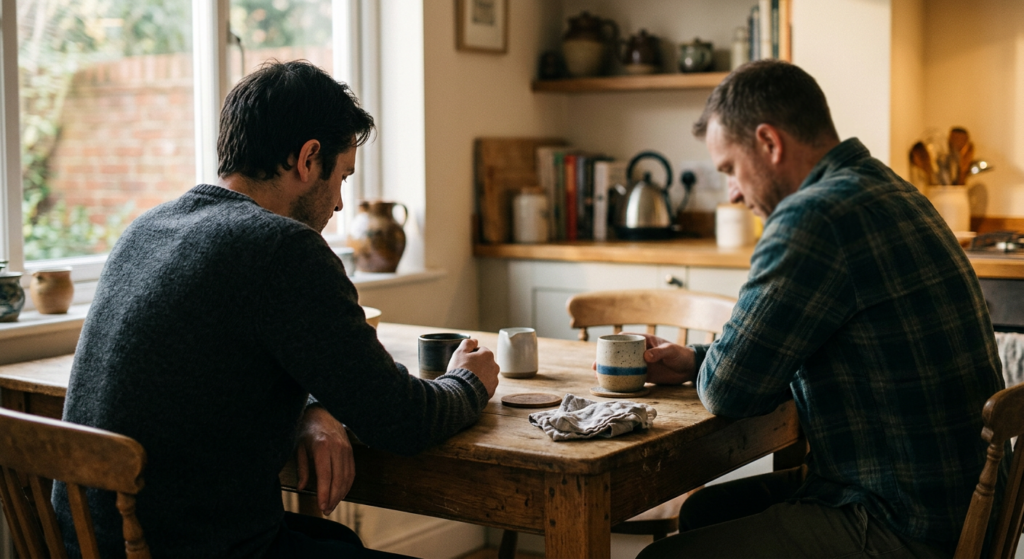Two men sitting across a kitchen table with coffee cups in warm afternoon light