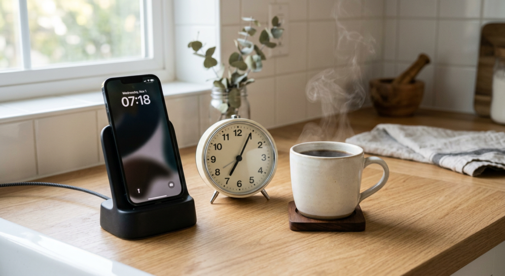 Phone charging on a kitchen dock next to an analog alarm clock and a cup of coffee"