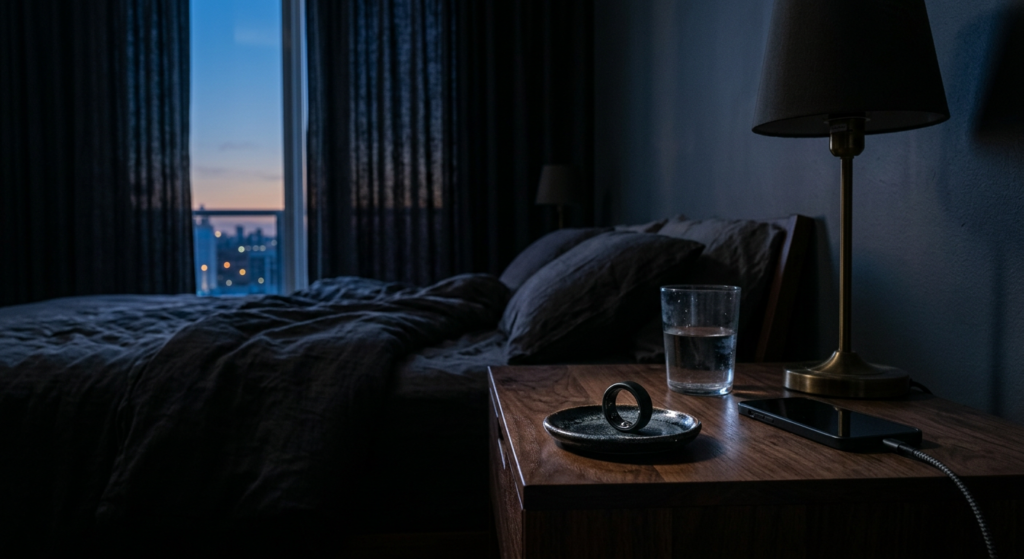 Sleep tracking ring resting on a nightstand dish in a dark bedroom with blackout curtains