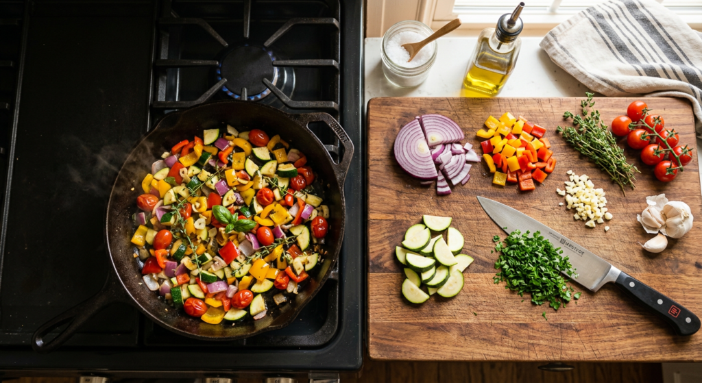 Cast iron skillet with fresh vegetables and a chef's knife on a wooden cutting board