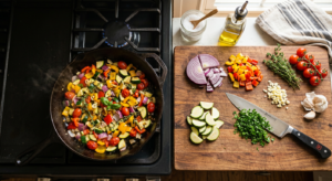 Cast iron skillet with fresh vegetables and a chef's knife on a wooden cutting board