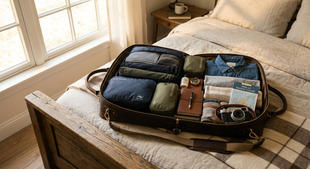 Leather weekender duffel bag packed with folded clothes and packing cubes on a bed