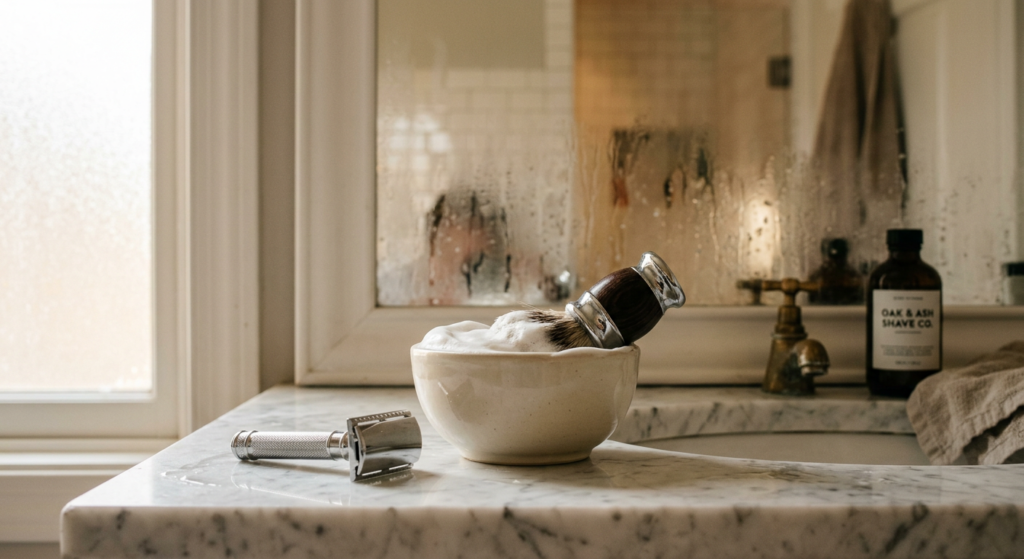 Safety razor and shaving cream on a bathroom counter with a steamy mirror in the background