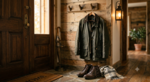 Waxed cotton jacket hanging by a front door with chukka boots on the floor below
